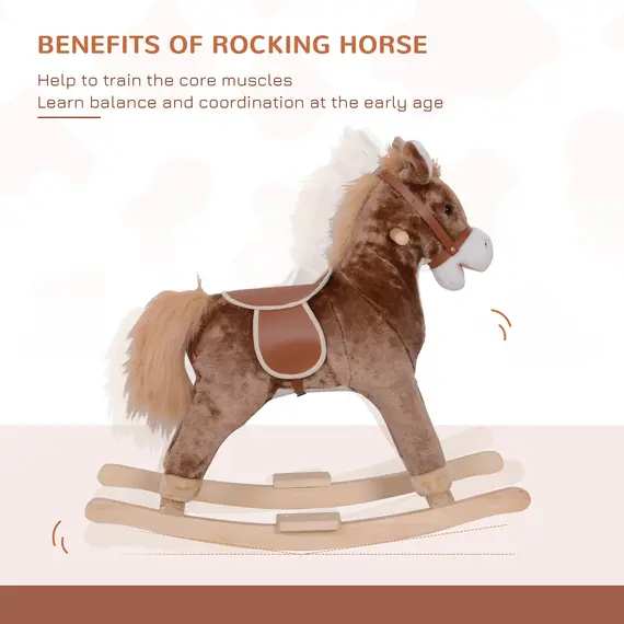 Buy Kids Children Plush Rocking Horse Wooden Base Ride On Toy Rocker with Handle Grip Traditional Toy Fun Gift for Age 3+ (Brown & White), 5 image