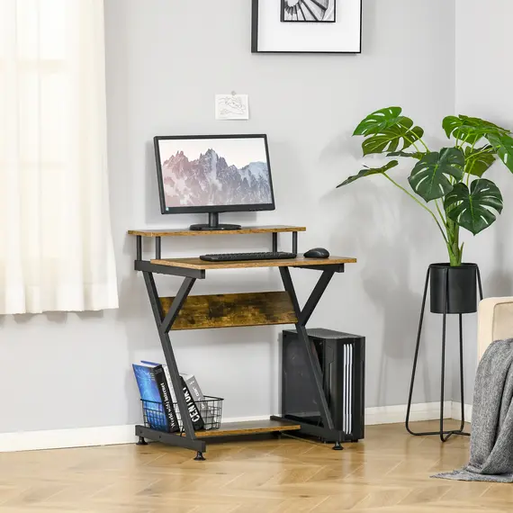 Buy Industrial Computer Desk with Monitor Stand, 70 x 60cm Compact Desk for Small Spaces, Home Office Desk, Rustic Brown, 7 image