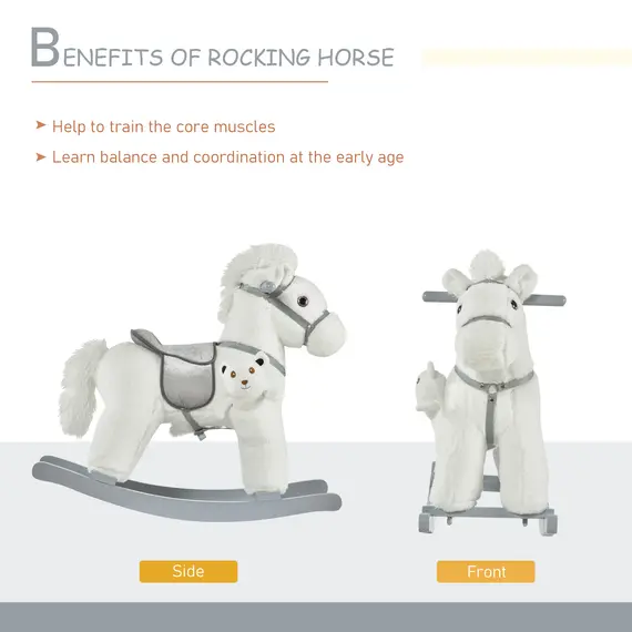 Buy Kids Plush Ride-On Rocking Horse Toy Rocker with Plush Toy Realistic Sounds for Child 18-36 Months White, 5 image
