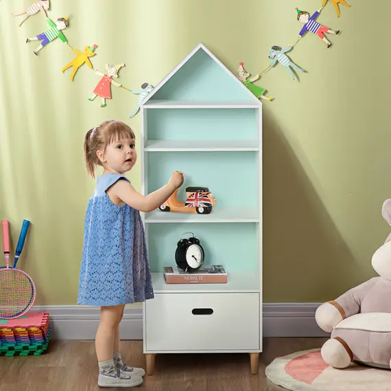 Buy Kids Children Wooden Bookcase w/Drawer Bedroom Furniture Bookshelf Storage Rack Display Unit Toys Games Organisation Cabinet Pink Blue Back Panel 50 x 30 x 142 cm, 2 image