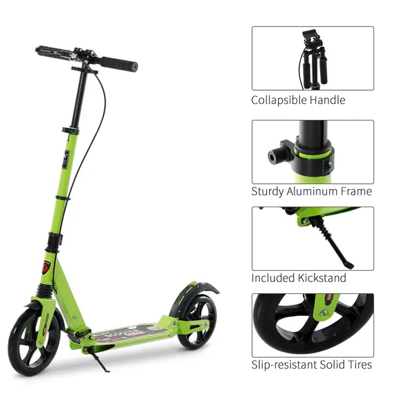 Buy Kick Scooter, Folding 2 Wheel Scooter for 14+ Teens Adults, with Dual Brake System, Dual Suspension, 230mm Big Wheels, 3 Adjustable Handlebar, up to 100KG, Green, 8 image