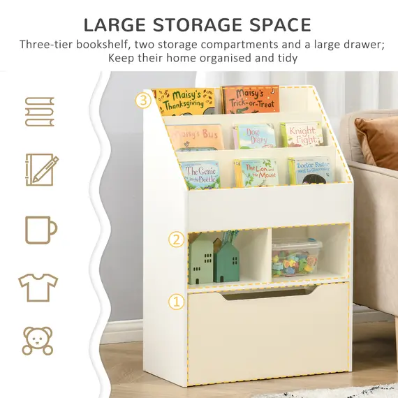 Buy Kids Bookshelf, Toy Organiser, with Storage Drawer, Wheels - White, 4 image