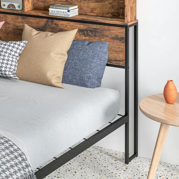 Buy Industrial Double Bed Frame, 4.8FT Steel Bed Base with Storage Headboard, Footboard, Slatted Support and Under Bed Storage, 145 x 209cm, Rustic Brown, 9 image