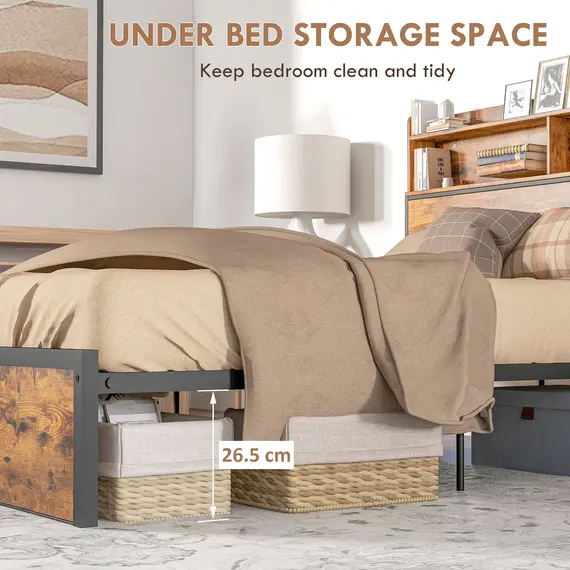 Buy Industrial Double Bed Frame, 4.8FT Steel Bed Base with Storage Headboard, Footboard, Slatted Support and Under Bed Storage, 145 x 209cm, Rustic Brown, 5 image