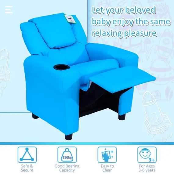 Buy Kids Recliner Chair, PU Leather with Adjustable Backrest, Footrest, Padded Headrest, Blue, 6 image