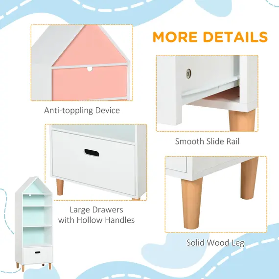 Buy Kids Children Wooden Bookcase w/Drawer Bedroom Furniture Bookshelf Storage Rack Display Unit Toys Games Organisation Cabinet Pink Blue Back Panel 50 x 30 x 142 cm, 6 image