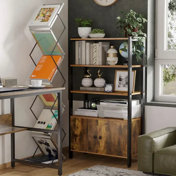 Buy Industrial Bookshelf, Storage Cabinet with 3-Tier with Doors, for Home Office, Living Room Rustic Brown, 2 image