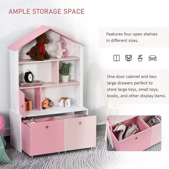 Buy Kids Bookshelf Chest w/ Drawer with Wheels Baby Toy Wood Organizer Display Stand Storage Cabinet 80x34x130cm Pink, 6 image