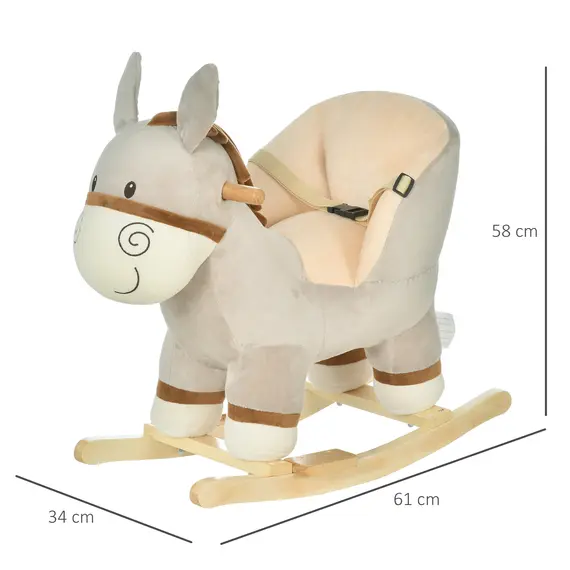 Buy Kids Children Rocking Horse Plush Ride On Donkey Seat w/ Sound Wood Base Seat Safety Belt Toddler Baby Toy Rocker Grey 18 - 36 Months, 3 image