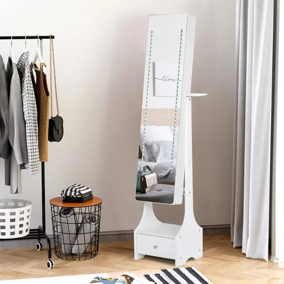 Buy Jewellery Cabinet, Full Length Mirror with Storage, Free Standing Mirror with LED Lights, Hooks, Drawer and Hairdryer Holder for Bedroom, White, 2 image
