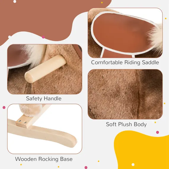 Buy Kids Children Plush Rocking Horse Wooden Base Ride On Toy Rocker with Handle Grip Traditional Toy Fun Gift for Age 3+ (Brown), 5 image
