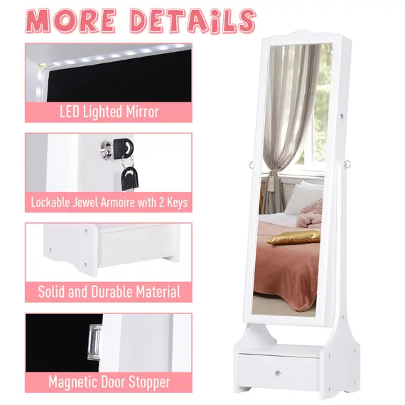 Buy Jewellery Cabinet with led, mirroir Cabinet Armoire Floor Standing Flip-over Makeup Shelf Organizer with lock white, 7 image