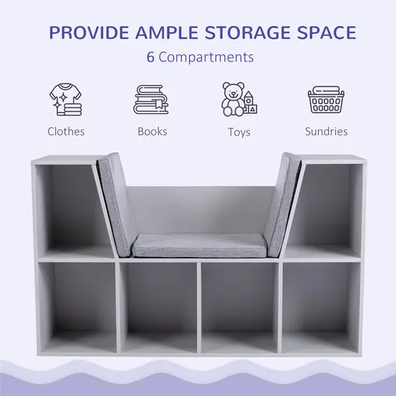 Buy Kids Bookcase Shelf Storage Cabinet Unit, Living Room Sideboard w/ Six Compartments for Toys, Books - Grey, 4 image