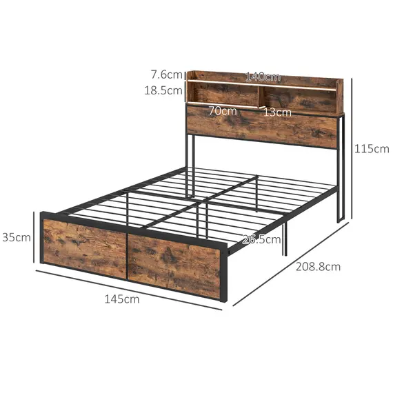 Buy Industrial Double Bed Frame, 4.8FT Steel Bed Base with Storage Headboard, Footboard, Slatted Support and Under Bed Storage, 145 x 209cm, Rustic Brown, 3 image