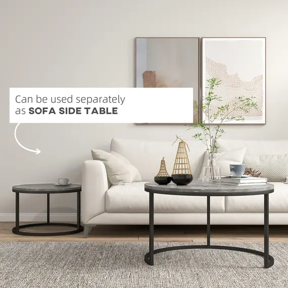 Buy Industrial Nesting Coffee Table Set of 2, Round Coffee Tables, Living Room Table with Faux Marbled Top and Steel Frame, 5 image
