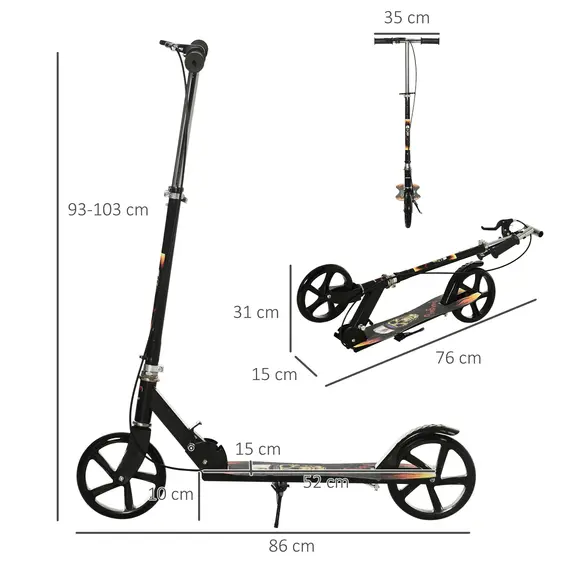 Buy Kids Foldable Kick Scooter w/ Adjustable Height, Break, Big Wheels, for Ages 7-14 Years - Black, 3 image