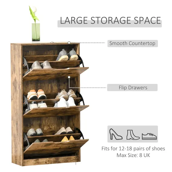 Buy Industrial Shoe Cabinet with 3 Flip Drawers, Narrow Shoe Storage Cabinet for 18 Pairs, Freestanding Slim Shoe Storage Organiser for Entryway, Hallway, Rustic Brown, 4 image