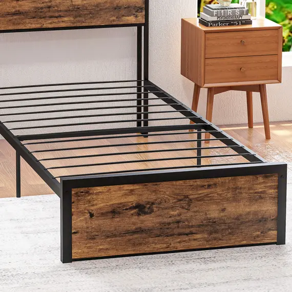 Buy Industrial Single Bed Frame, 3.1FT Steel Bed Base with Storage Headboard, Footboard, Slatted Support and Under Bed Storage, 95 x 209cm, Rustic Brown, 8 image
