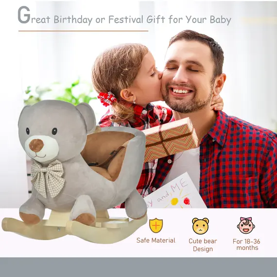 Buy Kids Children Rocking Horse Plush Ride On Bear Seat w/ Sound Wood Base Seat Safety Belt Toddler Baby Toy for 18-36 Months Grey, 4 image