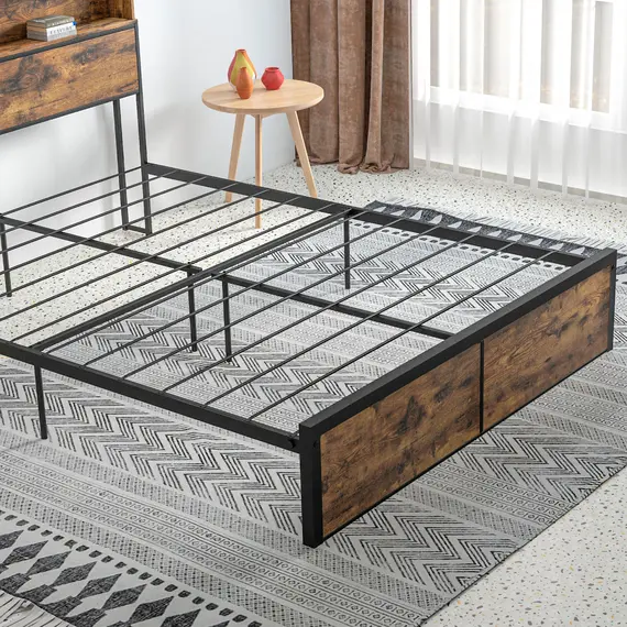 Buy Industrial King Bed Frame, 5.2FT Steel Bed Base with Storage Headboard, Footboard, Slatted Support and Under Bed Storage, 158 x 222cm, Rustic Brown, 8 image