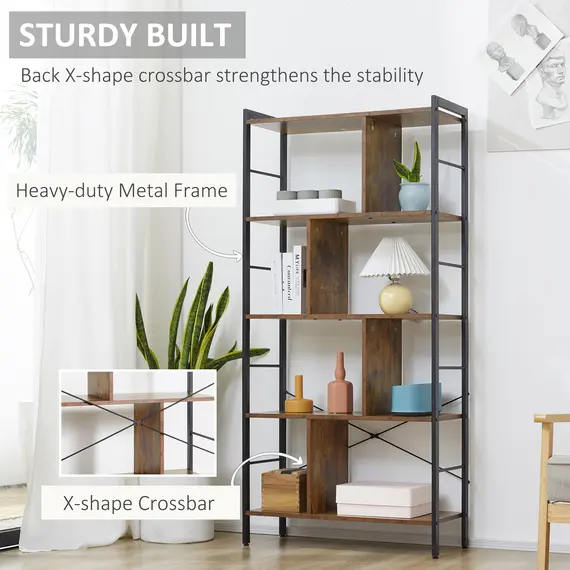 Buy Industrial Storage Unit, 5 Tiers Bookcase with Open Compartments for Office Living Room, Bedroom, Rustic Brown and Black, 4 image