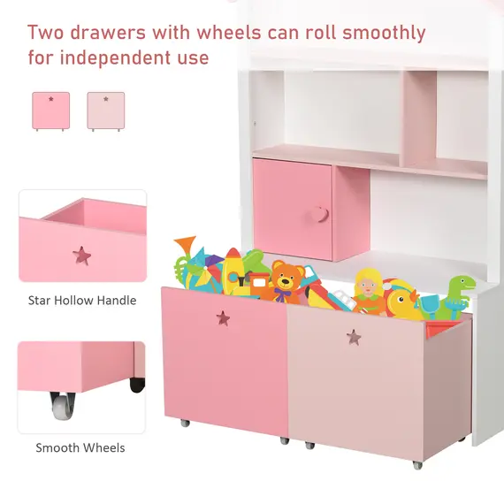 Buy Kids Bookshelf Chest w/ Drawer with Wheels Baby Toy Wood Organizer Display Stand Storage Cabinet 80x34x130cm Pink, 4 image