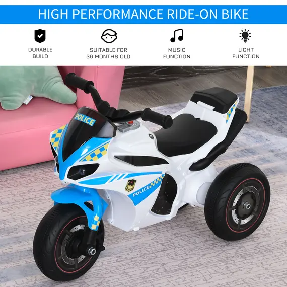 Buy Kids Ride-On Police Bike 3-Wheel Vehicle w/ Music Lights Safe Seat Handlebars Toddler NO POWER Child Learning Fun Development 18-36 Months Blue, 4 image