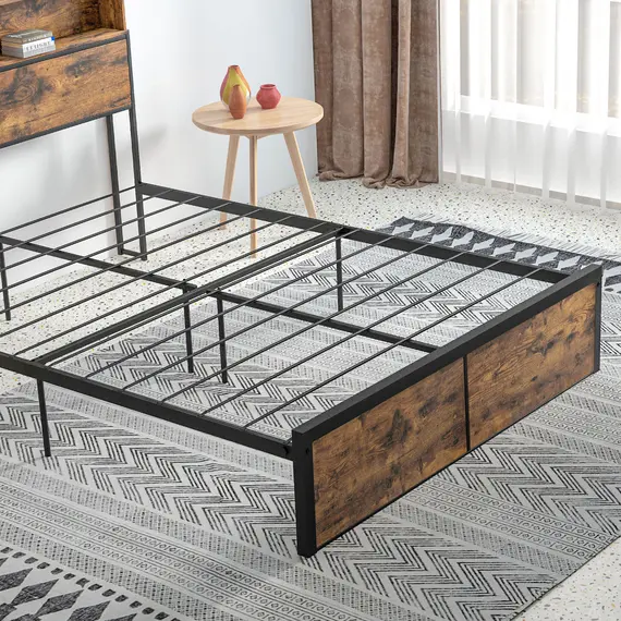 Buy Industrial Double Bed Frame, 4.8FT Steel Bed Base with Storage Headboard, Footboard, Slatted Support and Under Bed Storage, 145 x 209cm, Rustic Brown, 8 image
