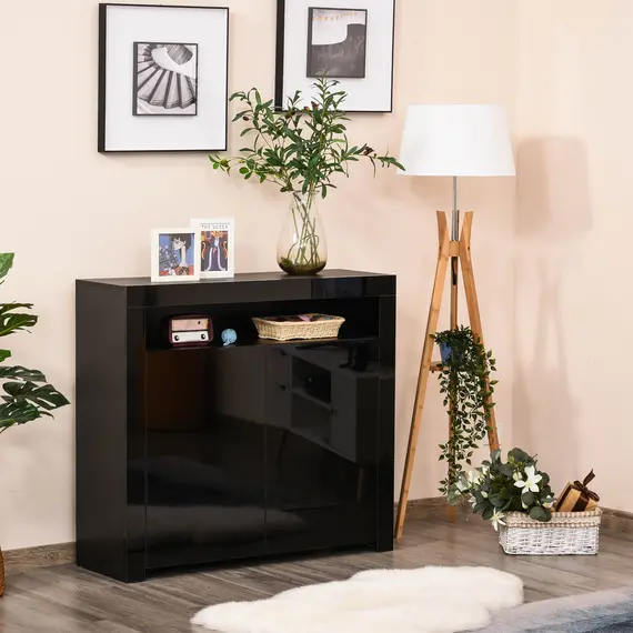 Buy LED Storage Cabinet, Cupboard with High Gloss Front and RGB Lighting, Modern Sideboard for Entryway, Dining Area, Living Room, Black, 2 image