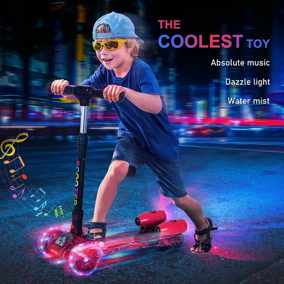Buy Kids Scooter, 3 Wheel Foldable Kick Scooter Adjustable Height w/ Flashing Wheels, Music, Water Spray for 3-6 Years, Red, 5 image