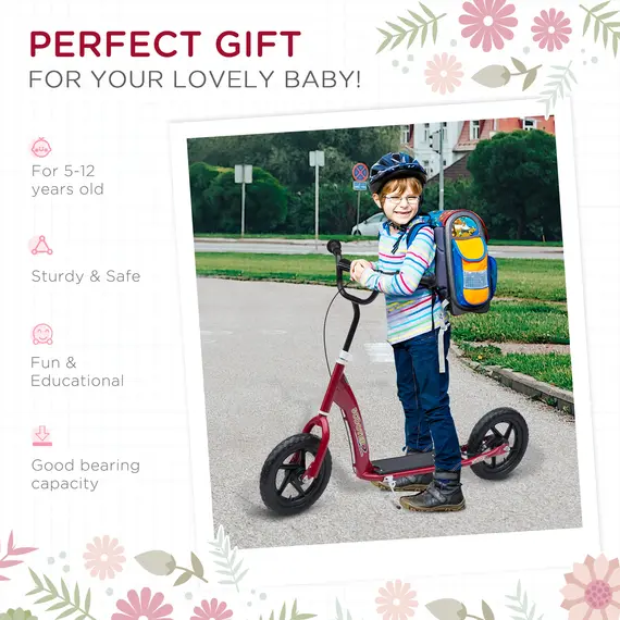 Buy Kids Scooter Kick Scooter with 12" EVA Tyres, Rear Brake, Big Wheels Scooter for 5-12 Years Old, Red, 4 image