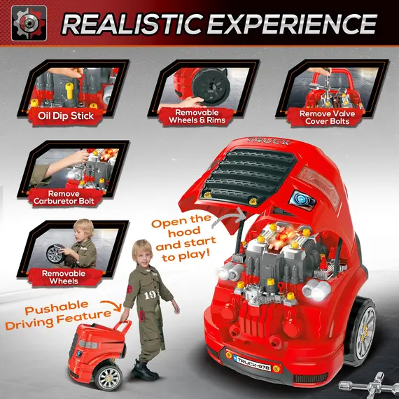 Buy Kids Truck Engine Toy Set, Toddler Educational Car Service Station Playset, Take Apart Workshop, w/ RC Car Key, Steering wheel, Horn, Light, for 3-5 Years Old Red, 4 image