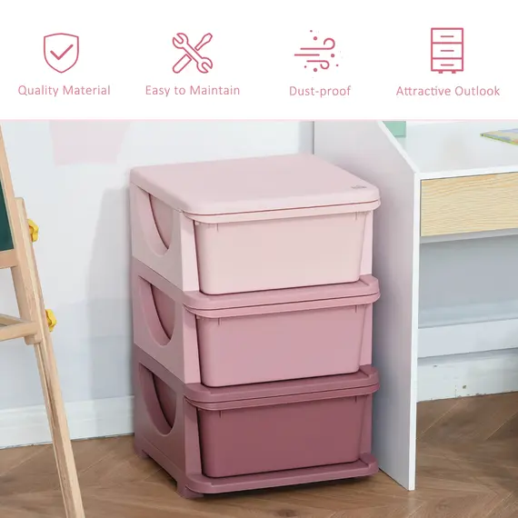 Buy Kids Storage Units with 3 Drawers 3 Tier Chest Vertical Dresser Tower Toy Organizer for Nursery Playroom Kindergarten Pink, 4 image