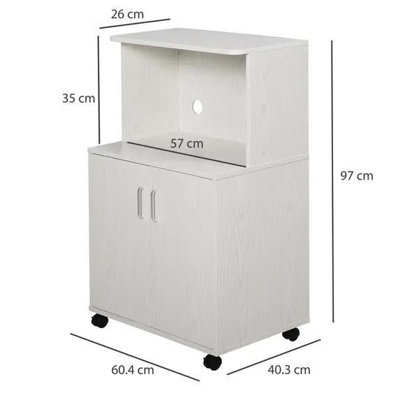 Buy Kitchen Storage Unit, Modern Microwave Stand Trolley Cart, Sideboard with Cabinet,  Locking Wheels, Shelf for Living Room, Dining Room, White, 3 image