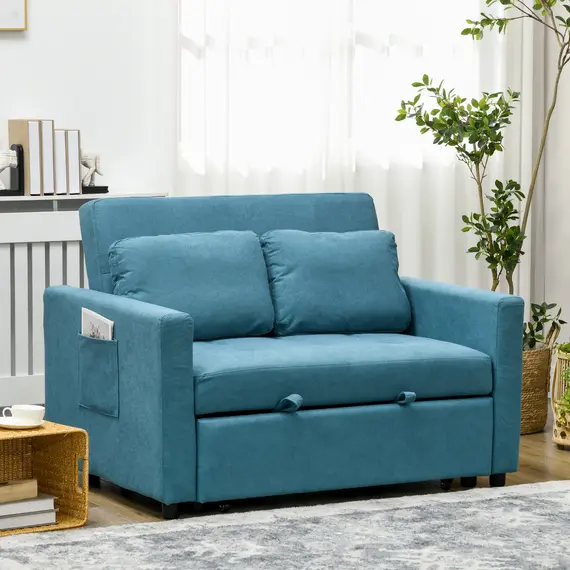 Buy Loveseat Sofa Bed, Convertible Bed Settee with 2 Cushions, Side Pockets for Living Room, Blue, 2 image