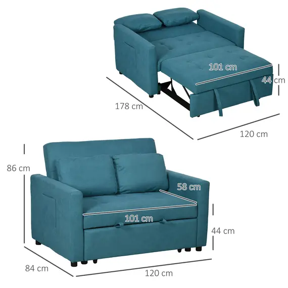 Buy Loveseat Sofa Bed, Convertible Bed Settee with 2 Cushions, Side Pockets for Living Room, Blue, 3 image
