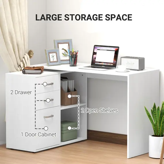 Buy L Shaped Computer Desk, Reversible Home Office Desk with Drawers, File Cabinet and Storage Shelves, Study Table, 117 x 83.5 x 76cm, White, 7 image