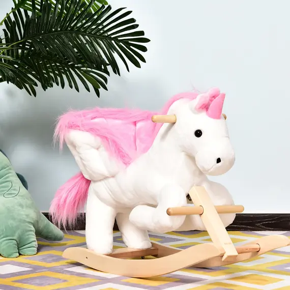 Buy Kids Rocking Horse Unicorn Wooden Plush Ride On Chair Toy with Music 1.5-3 Years, 2 image