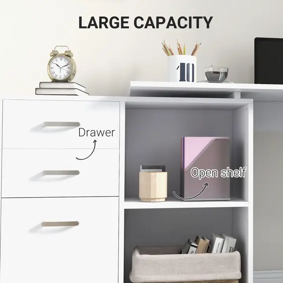 Buy L Shaped Computer Desk, Reversible Home Office Desk with Drawers, File Cabinet and Storage Shelves, Study Table, 117 x 83.5 x 76cm, White, 4 image