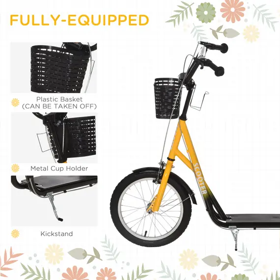 Buy Kids Scooter, Kick Stunt Scooter with Adjustable Handlebar, Dual Brakes, Basket, Cupholder, Mudguard, 16" Inflatable Rubber Wheels, for 5-12 years, Orange, 6 image
