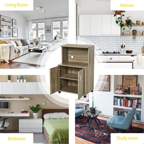 Buy Kitchen Storage Unit, Modern Microwave Stand Trolley Cart, Sideboard with Cabinet,  Locking Wheels, Shelf for Living Room, Dining Room, Oak Tone, 7 image