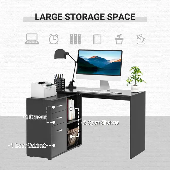 Buy L Shaped Computer Desk, Reversible Home Office Desk with Drawers, File Cabinet and Storage Shelves, Study Table, 117 x 83.5 x 76cm, Black, 5 image