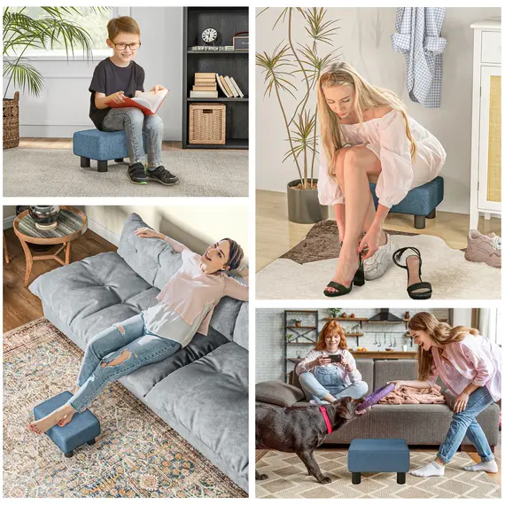 Buy Linen Fabric Footstool Ottoman Cube with 4 Plastic Legs, Blue, 6 image