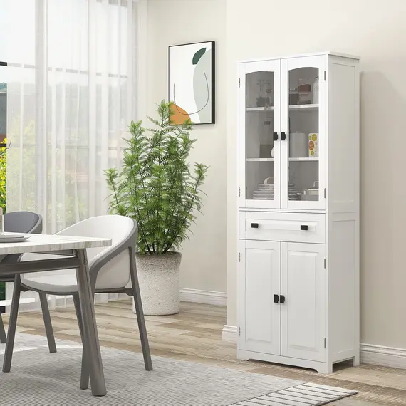Buy Kitchen Cupboard, Freestanding Storage Cabinet with 2 Adjustable Shelves, Drawer and Glass Door for Living Room, Dining Room, 160cm, White, 2 image