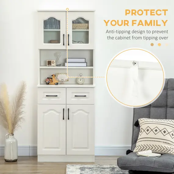 Buy Kitchen Cupboard, Freestanding Storage Cabinet with 2 Adjustable Shelves, 2 Drawers and Open Counter for Living Room, Dining Room, 168cm, White, 7 image