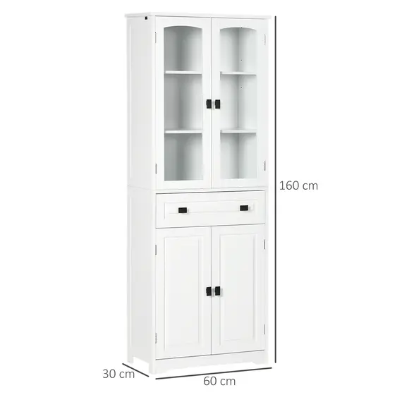 Buy Kitchen Cupboard, Freestanding Storage Cabinet with 2 Adjustable Shelves, Drawer and Glass Door for Living Room, Dining Room, 160cm, White, 3 image