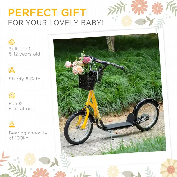 Buy Kids Scooter, Kick Stunt Scooter with Adjustable Handlebar, Dual Brakes, Basket, Cupholder, Mudguard, 16" Inflatable Rubber Wheels, for 5-12 years, Orange, 5 image