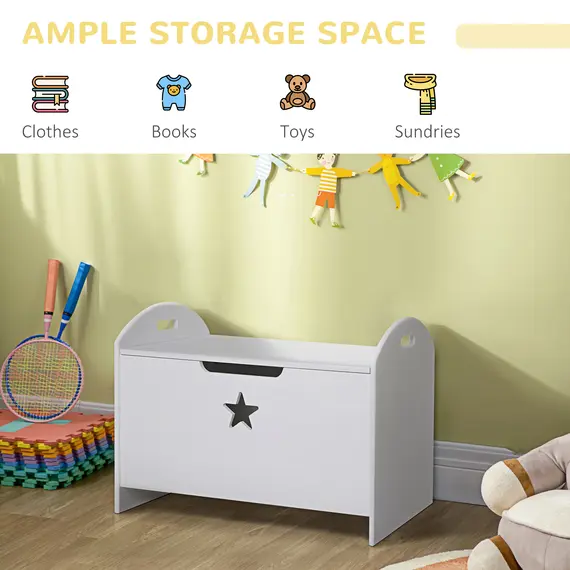 Buy Kids Wooden Toy Box Organizer Children's Toy Storage with Lid Safety Hinge Side Handle Playroom Furniture White, 5 image