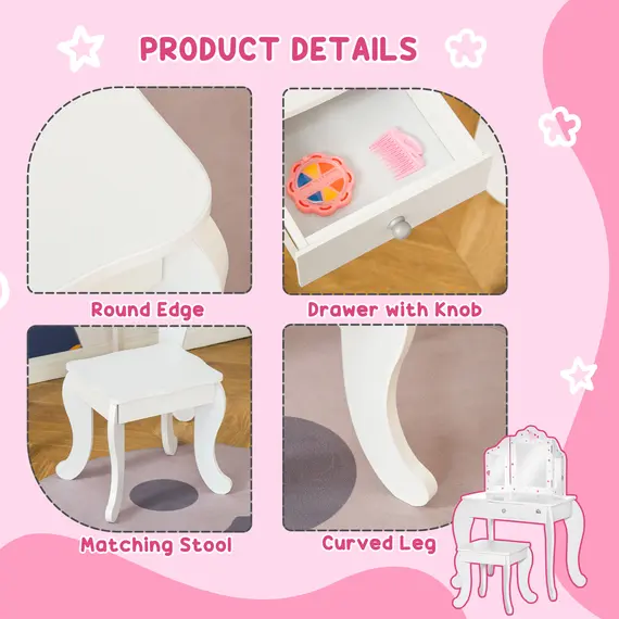 Buy Kids Vanity Table & Stool Girls Dressing Set Make Up Desk Chair Dresser Play Set with Rotatable Mirrors Drawer Star & Heart Pattern White, 5 image