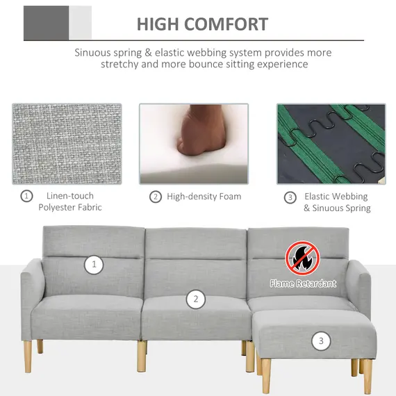 Buy L Shape Sofa Bed Set, Linen Fabric Corner Sofa Bed with Rubber Wood Legs and Footstool, Light Grey, 7 image